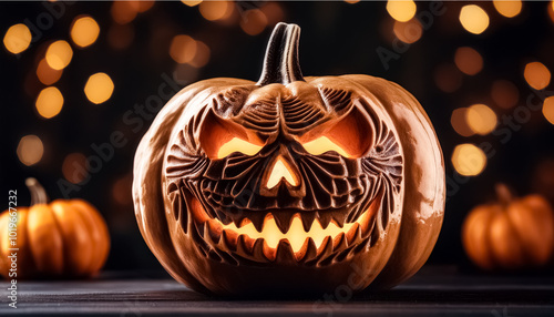 Scary Halloween jack o lantern, pumpkim with bokeh lights, seasonal Autumn, fall image photo