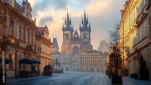 Generative AI Image of Cobblestone Path Way Street in Prague with Historic Ancient Building