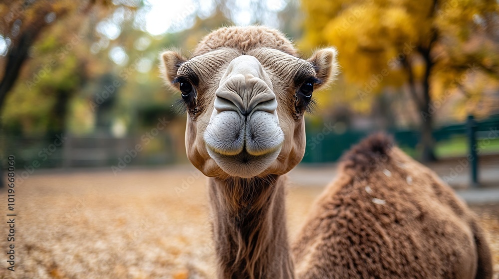 Obraz premium Funny camel at zoo wanting food : Generative AI