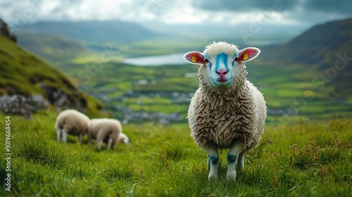 Sheep marked with colorful dye grazing in green pastures Adult sheep and baby lambs feeding in lush green meadows of Ireland : Generative AI photo