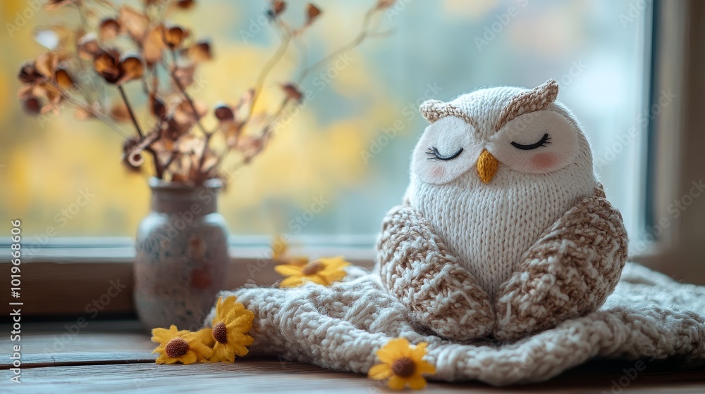 Obraz premium Cozy Knitted Owl Figurine Surrounded by Autumn Flowers on a Wooden Windowsill During a Serene Afternoon