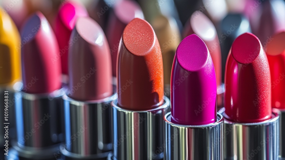 A Vibrant Array of Lipsticks Displayed in a Makeup Store Showcasing Various Colors and Textures During Daylight A Vibrant Array of Lipsticks Displayed in a Makeup Store Showcasing Various Colors and Textures During Daylight