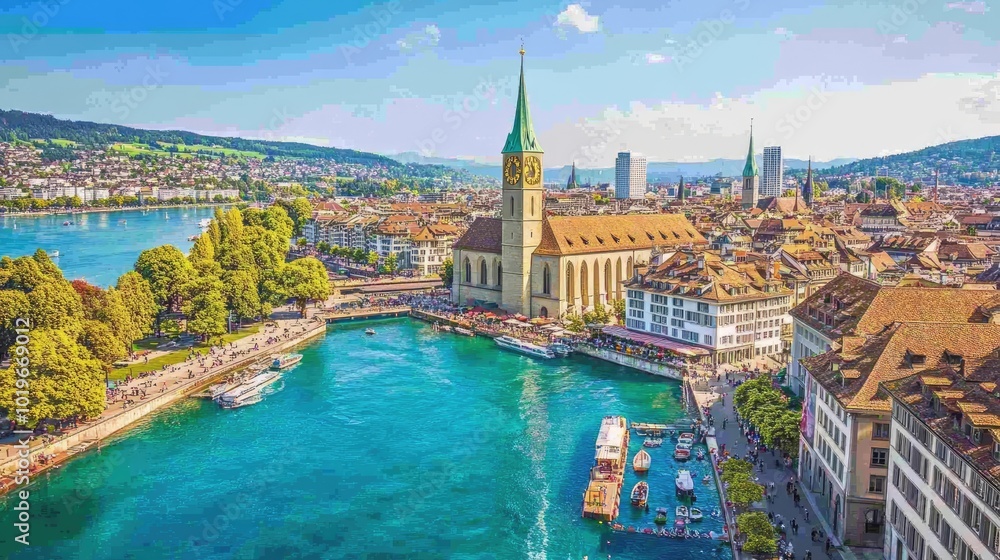 Naklejka premium Scenic View of Zurich with River and Historic Architecture