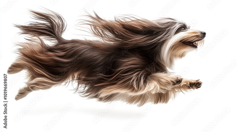 A dog with flowing fur joyfully runs across a white background. A dog with flowing fur joyfully runs across a white background.