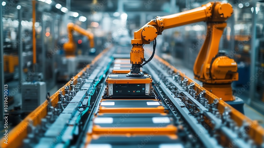 Modern EV Factory On Automated Production Line Robot Arms Transporting Automotive Battery Modules onto Conveyor Belt Electric Car Battery Pack Manufacturing Process : Generative AI Modern EV Factory On Automated Production Line Robot Arms Transporting Automotive Battery Modules onto Conveyor Belt Electric Car Battery Pack Manufacturing Process : Generative AI