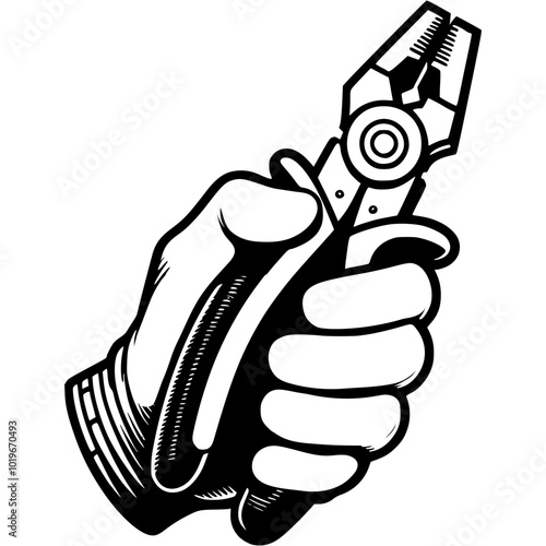 Installer hand is dressed in protective glove and holds pliers in monochrome. Using of professional tool. Simple minimalistic vector in black ink drawing on transparent background