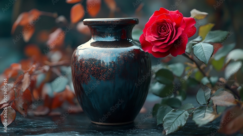 Funeral mourning urn next to a rose flower : Generative AI Funeral mourning urn next to a rose flower : Generative AI