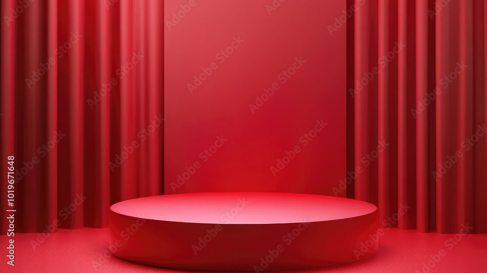 Red Cylindrical Platform with Draped Curtains Red Cylindrical Platform with Draped Curtains