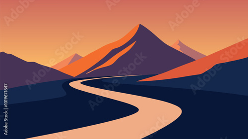 Valley surrounded by mountains, featuring a winding road in the foreground, inviting exploration and adventure flat vector illustration Nature background.