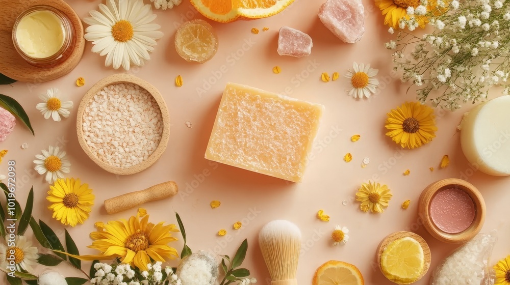 Delicate Arrangement of Natural Skincare Ingredients Surrounded by Fresh Flowers and Citrus Fruits on a Soft Surface Delicate Arrangement of Natural Skincare Ingredients Surrounded by Fresh Flowers and Citrus Fruits on a Soft Surface