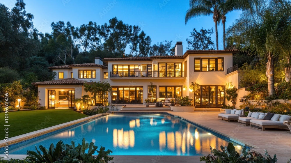 Elegant modern home with a pool, surrounded by lush greenery at dusk. Elegant modern home with a pool, surrounded by lush greenery at dusk.