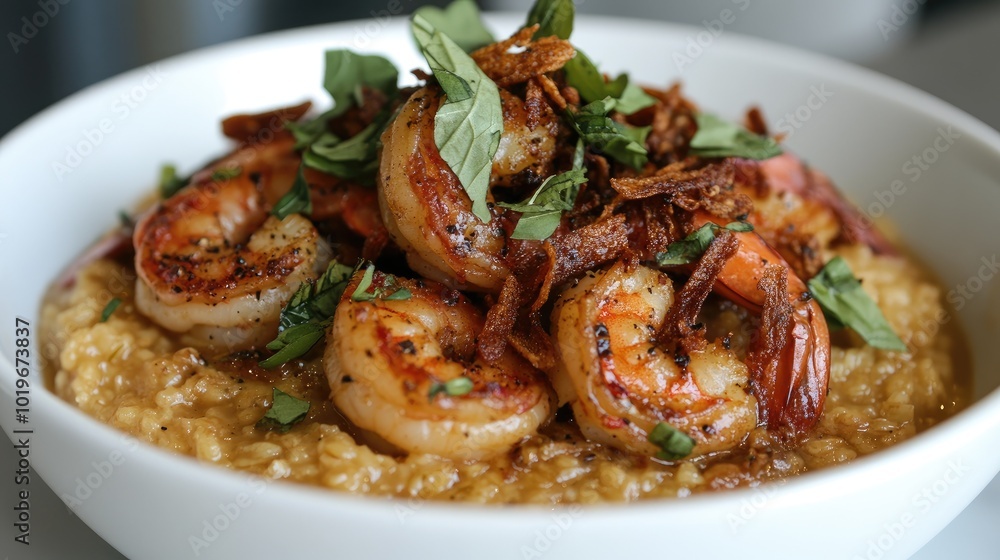 Shrimp Over Grits with Fresh Herbs and Crispy Onions Shrimp Over Grits with Fresh Herbs and Crispy Onions