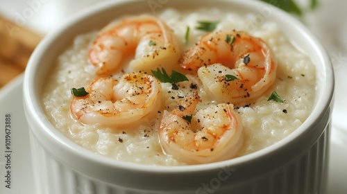 Delicious Shrimp and Grits in White Bowl