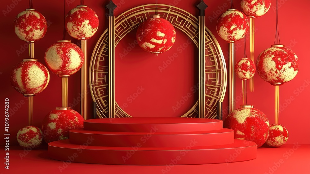 Red and Gold Chinese New Year Festive Background with Podium Red and Gold Chinese New Year Festive Background with Podium