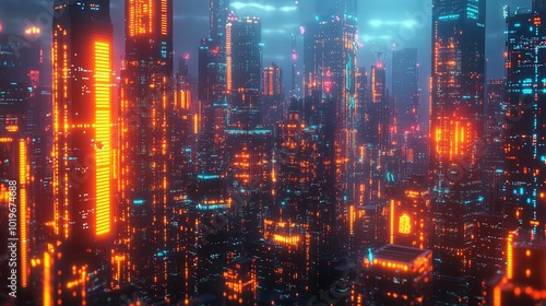 A futuristic cityscape illuminated by neon lights