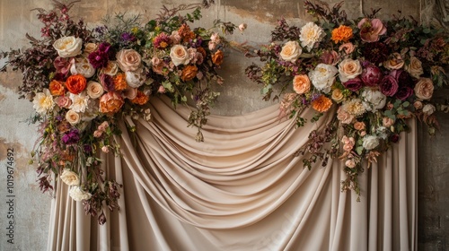 Elegant floral arrangement on a draped backdrop, ideal for events or celebrations.