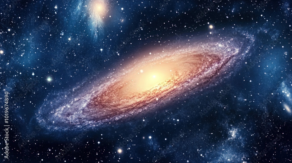 Fototapeta premium A spiral galaxy with a bright center, surrounded by stars and dust in a dark blue space.