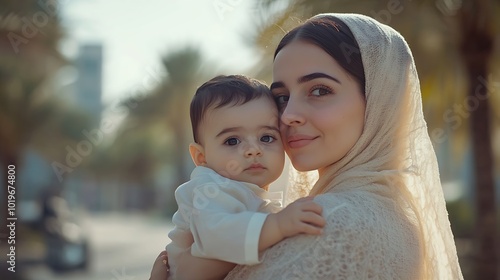 Mother and baby son lifestyle moments in Dubai Young woman with her kid outdoor Family concepts in the UAE : Generative AI