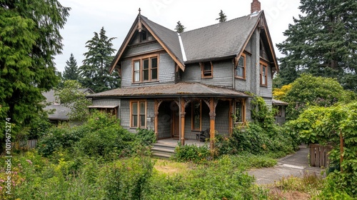 A charming Victorian-style house surrounded by greenery and natural landscaping.