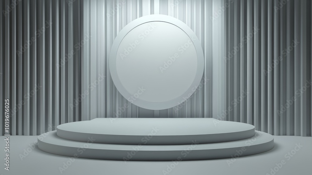 Fototapeta premium Minimalist White Stage with Circular Frame and Striped Backdrop