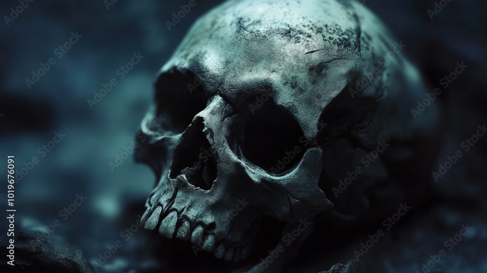 A close-up of a human skull with a dark background. A close-up of a human skull with a dark background.