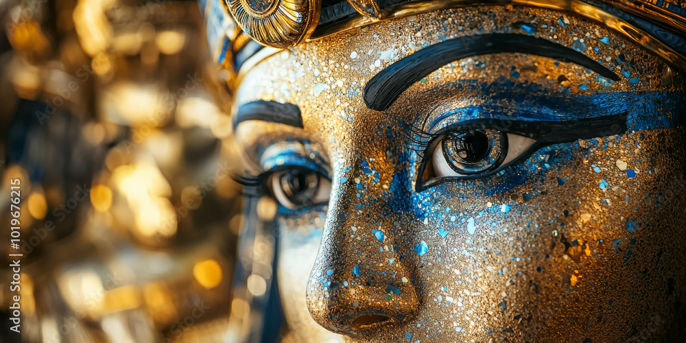 Obraz premium Close up of the golden mask and eyes of an ancient Egyptian pharaoh, generative AI