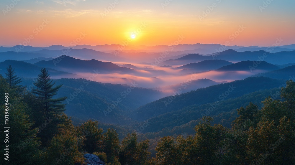 Serene sunrise over misty mountains and lush valleys. Serene sunrise over misty mountains and lush valleys.