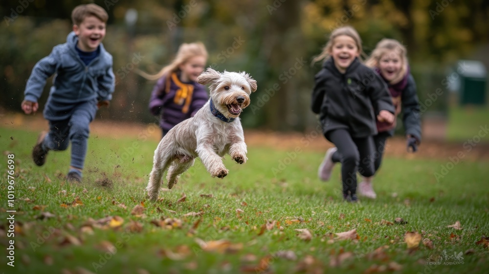 A joyful dog runs through a park while children play and chase it happily. A joyful dog runs through a park while children play and chase it happily.