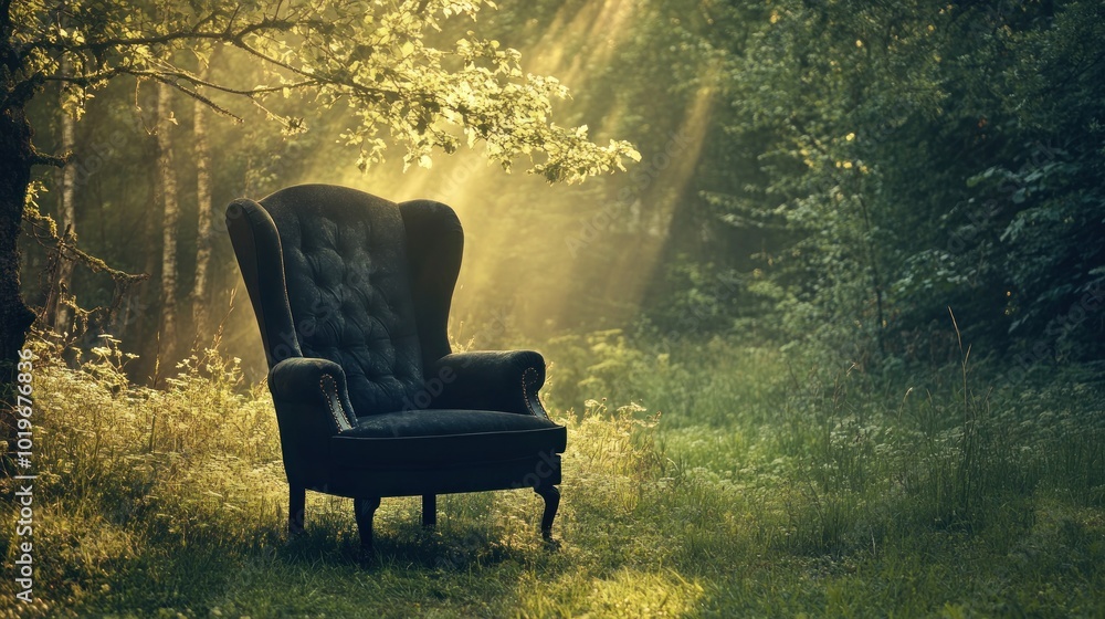 A solitary armchair in a sunlit forest, creating a serene and inviting atmosphere. A solitary armchair in a sunlit forest, creating a serene and inviting atmosphere.