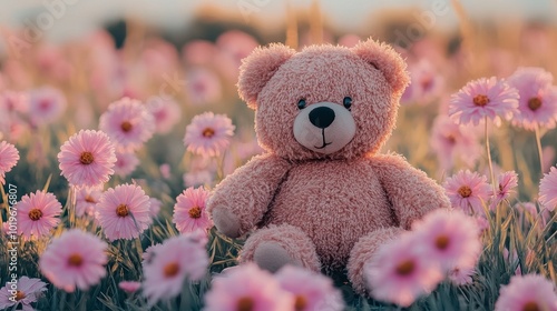 A Gentle Teddy Bear Resting Among Blooming Pink Flowers Under a Warm Sunset Sky
