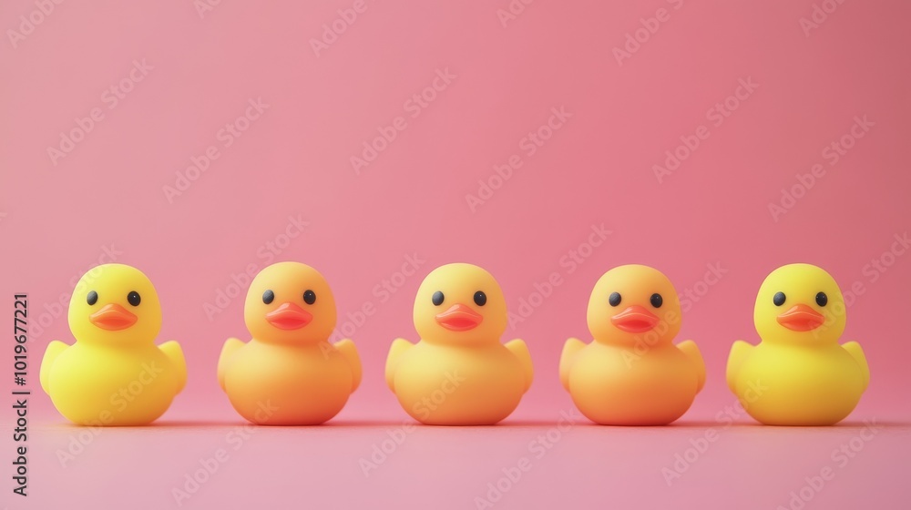 Five Cheerful Rubber Ducks Lined up Against a Vibrant Pink Backdrop, Evoking a Playful and Whimsical Atmosphere Five Cheerful Rubber Ducks Lined up Against a Vibrant Pink Backdrop, Evoking a Playful and Whimsical Atmosphere