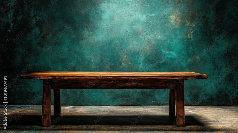 A rustic wooden table against a textured teal backdrop, creating a dramatic atmosphere. A rustic wooden table against a textured teal backdrop, creating a dramatic atmosphere.