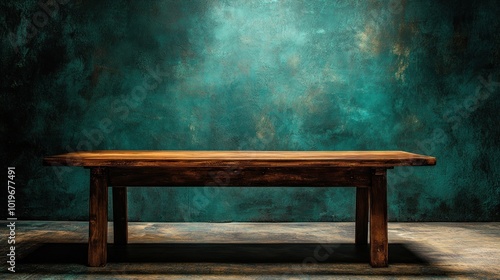 A rustic wooden table against a textured teal backdrop, creating a dramatic atmosphere.