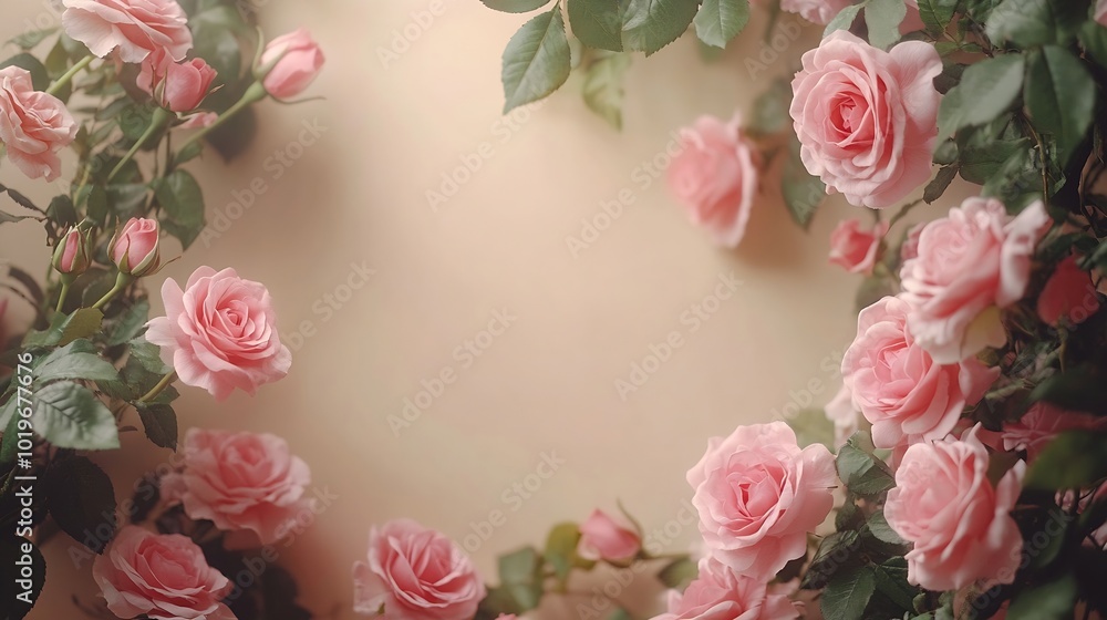 Banner with frame made of pink rose flowers on a beige background Springtime composition : Generative AI Banner with frame made of pink rose flowers on a beige background Springtime composition : Generative AI