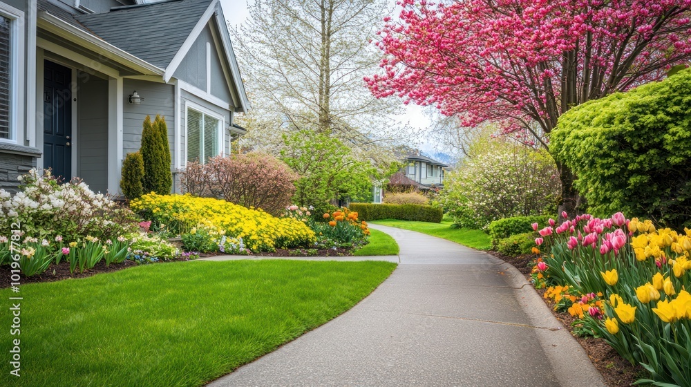 Naklejka premium A picturesque residential pathway lined with vibrant flowers and greenery.