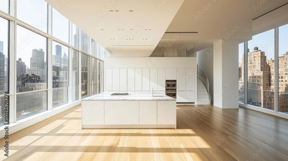 Fototapeta premium Modern kitchen with large windows offering city views and minimalist design.