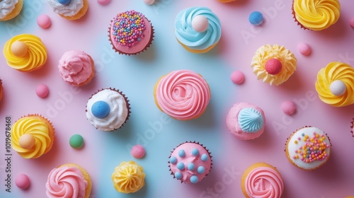 Delightful Pastel Cupcakes Scattered Joyfully on a Soft Surface, Creating an Inviting and Playful Dessert Atmosphere