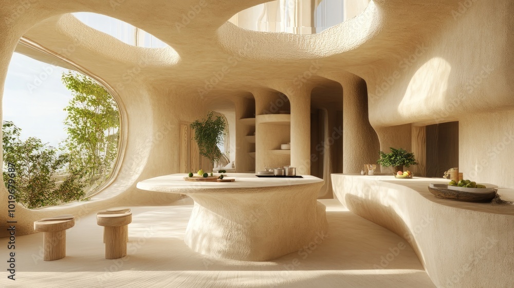 Fototapeta premium Modern kitchen interior with organic shapes and natural light.