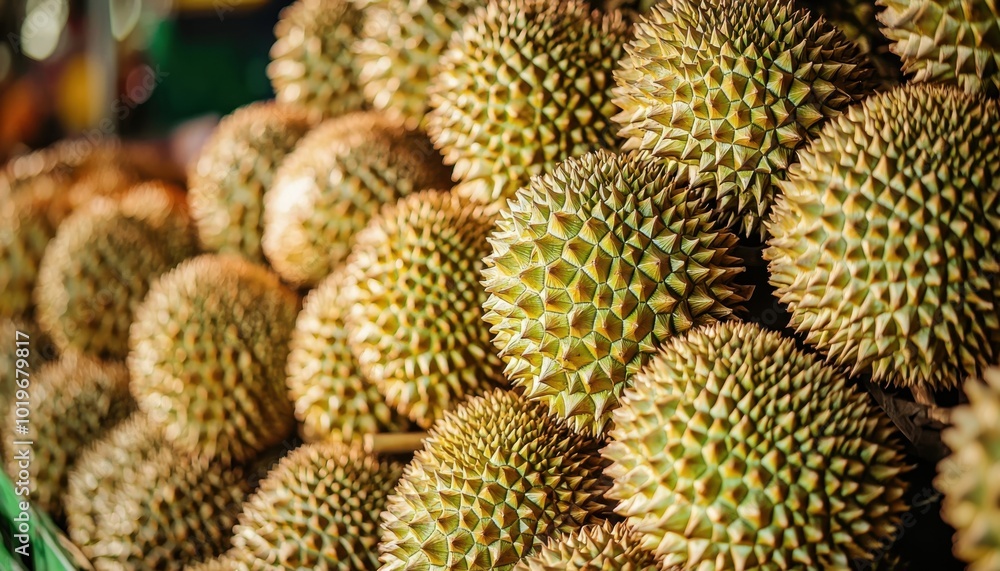 A close-up view of durians stacked together, showcasing their spiky exterior and vibrant greenish-yellow color. A close-up view of durians stacked together, showcasing their spiky exterior and vibrant greenish-yellow color.