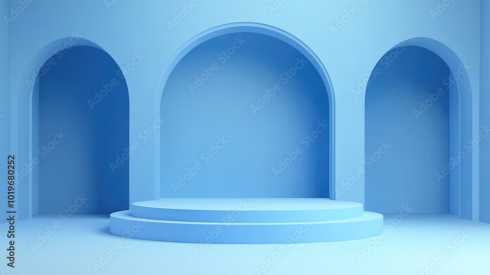 Two-Tiered Cylindrical Platform in a Blue Room with Arches Two-Tiered Cylindrical Platform in a Blue Room with Arches