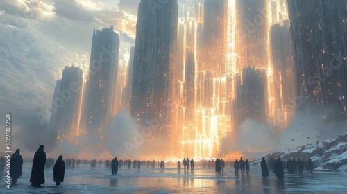 Wallpaper Mural Cascading waterfalls form city towers, silver river streets, rafts of clouds carry people beneath a sky of upside-down rain, ethereal urban landscape Torontodigital.ca