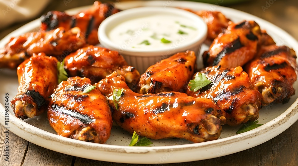 Grilled Chicken Wings on Plate with Dipping Sauce Grilled Chicken Wings on Plate with Dipping Sauce