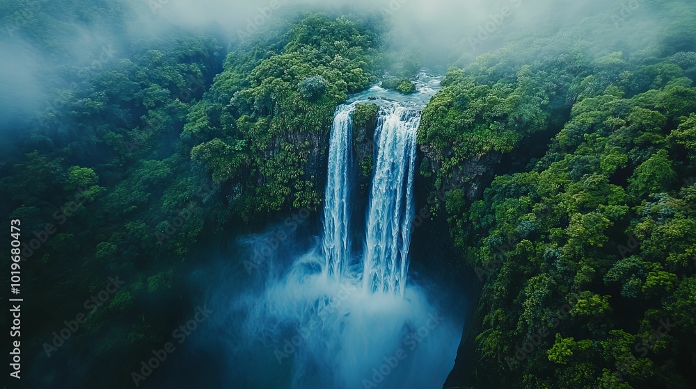 Lush Rainforest Waterfall with Misty Surroundings Lush Rainforest Waterfall with Misty Surroundings