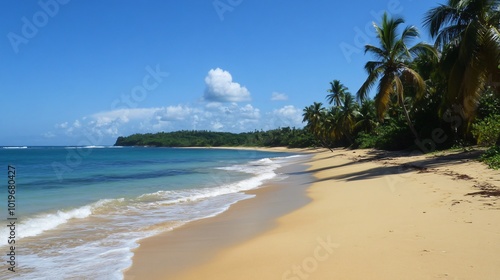 Pristine, white sand beach with turquoise water, palm trees, and a lush green island in the distance under a clear blue sky.