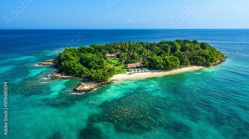 Tropical Island with Lush Greenery, White Sand Beach, and Azure Water photo