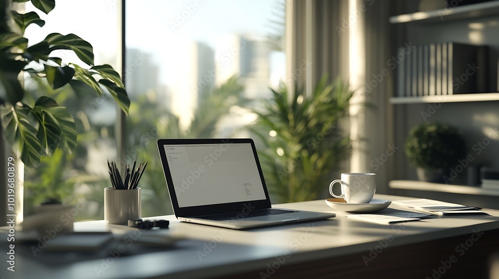 Fototapeta premium Minimalist office desk setup featuring a sleek laptop a cup of coffee and neatly arranged work documents in a bright space : Generative AI