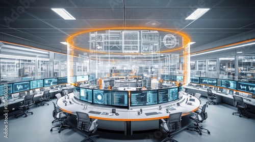 A modern control room with digital displays and a circular design for monitoring operations.