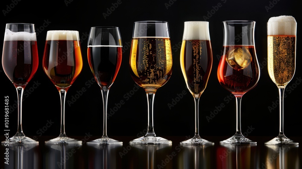 A selection of wine, whiskey, and other alcoholic beverages in various glasses, presented on a dark background for a sophisticated atmosphere
A selection of wine, whiskey, and other alcoholic beverages in various glasses, presented on a dark background for a sophisticated atmosphere