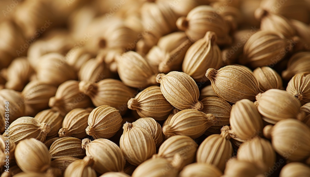 A close-up of dried coriander seeds, showcasing their unique texture and shape, often used in cooking and spice blends.