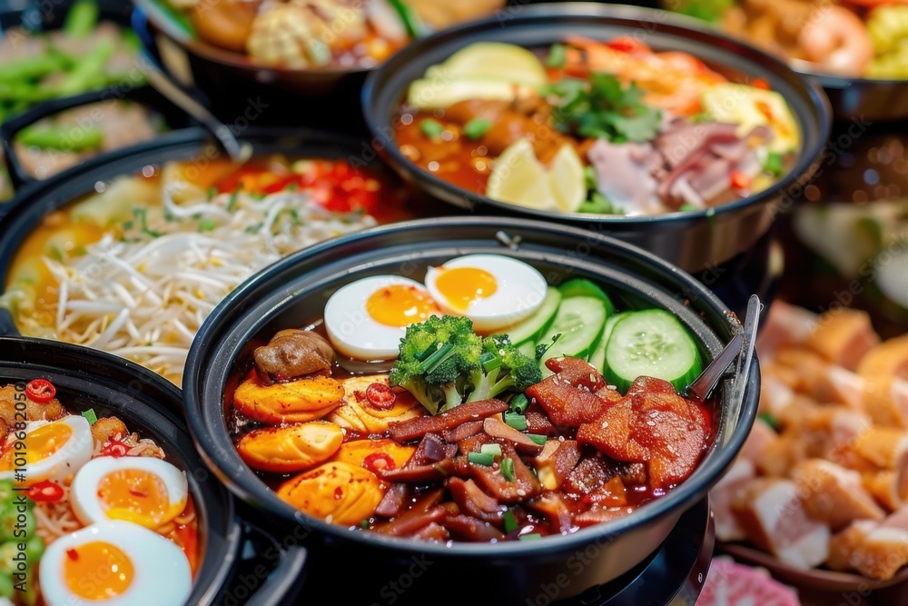 A Korean bowl dish featuring boiled eggs, vegetables, and assorted meats, served with traditional garnishes
A Korean bowl dish featuring boiled eggs, vegetables, and assorted meats, served with traditional garnishes